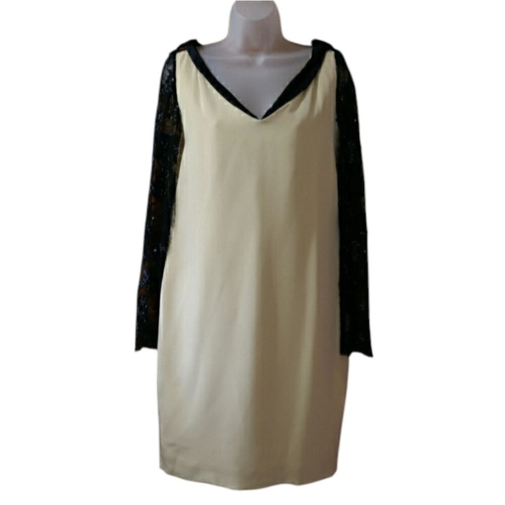 Mark Heister Cream & Black Lace-Sleeved Sheath Midi Dress V-Neck Small